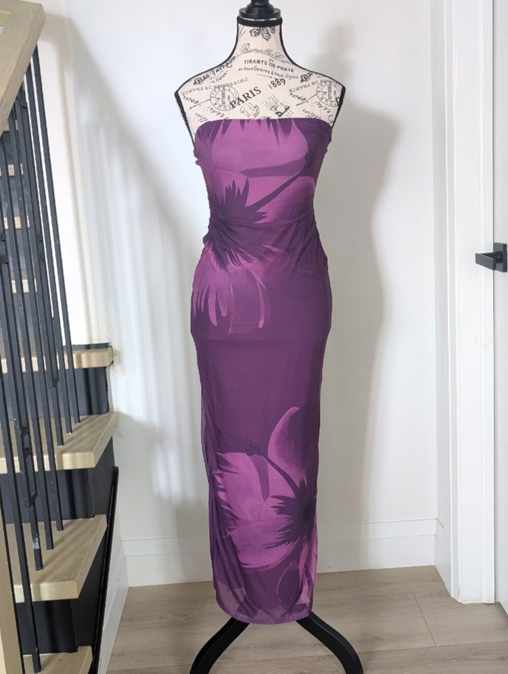 PRETTYGARDEN | Women's Purple Floral Mesh Strapless Style Maxi Bodycon Dress